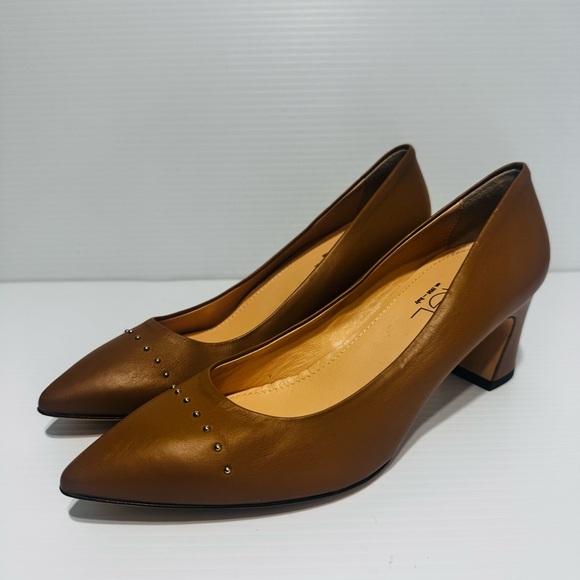 AGL Tan Leather Studded Block Heels Size 39 1/2 - Picture 2 of 15